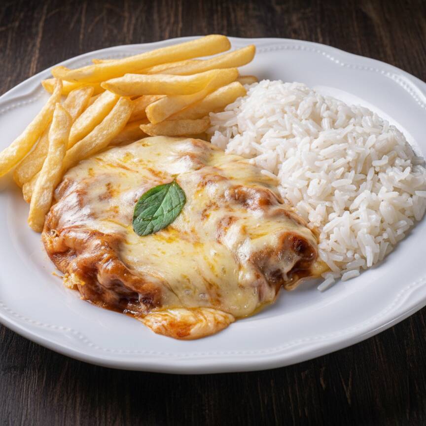 Um prato de Contra filé à parmegiana empanado e coberto com molho de tomate caseiro e queijo derretido, servido com arroz e fritas, uma combinação que agrada a todos.