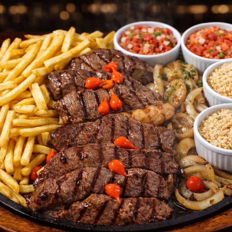 Servida na chapa, com cebola fritas e arroz branco (serve 2 pessoas)