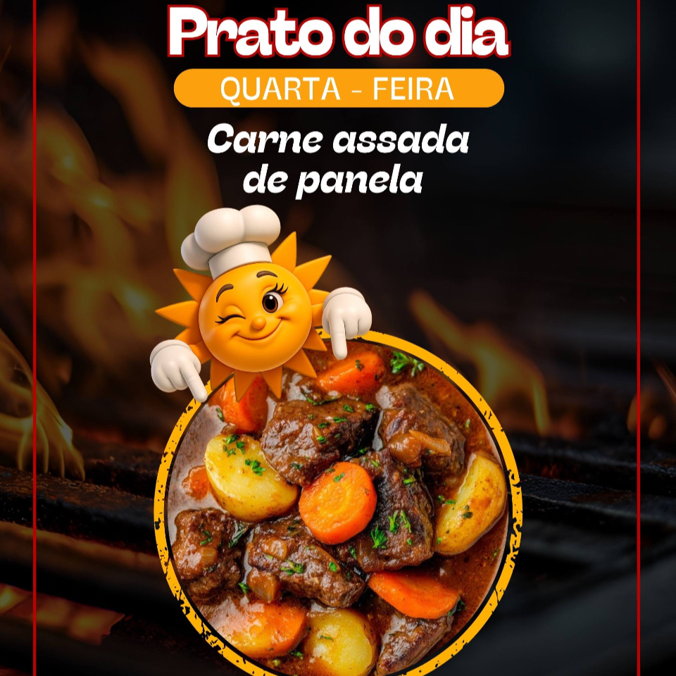 Uma saborosa carne assada de panela, acompanhado de arroz, baião, feijão, farofa, vinagrete e salada de maionese. Serve 01 Pessoa.