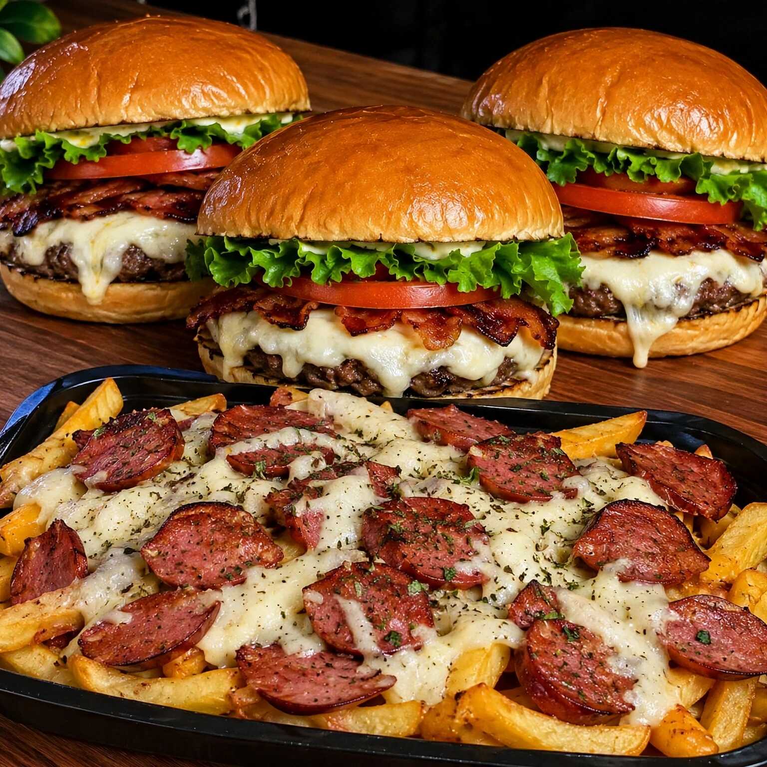 3 hambúrgueres carne Texas queijo mussarela derretido, bacon crocante, alface fresca e tomate. Acompanha uma porção generosa de batata frita recheada e calabresa fatiada, Uma opção caprichada e perfeita para matar a fome! 🤤