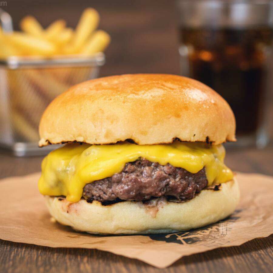 Hambúrguer Artesanal de 90g, Queijo, maionese da casa bem temperada no pão de Hambúrguer selado.
