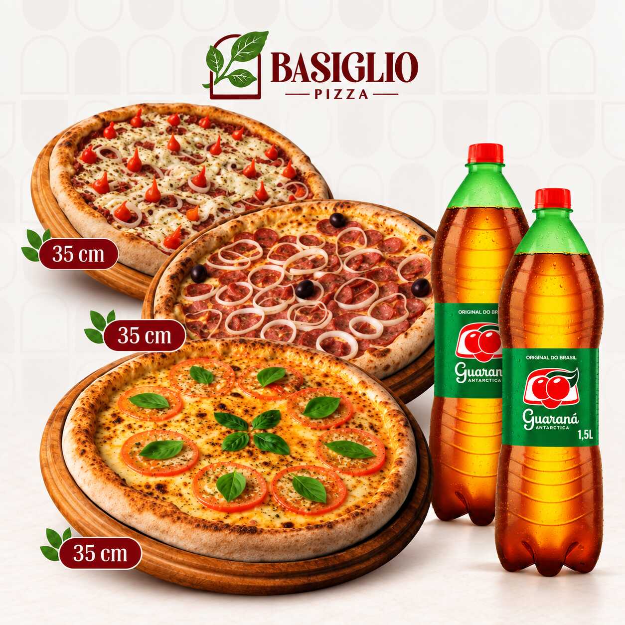 Combo com 3 pizzas grandes (35cm, 8 fatias cada uma), acompanhadas de 2 refrigerantes. Pra resenha ficar completa!