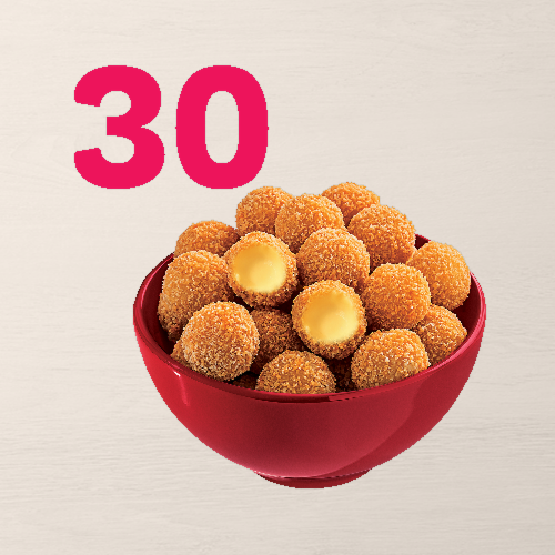 30 bolinhas crocantes recheadas de queijo. Sabor que não acaba!