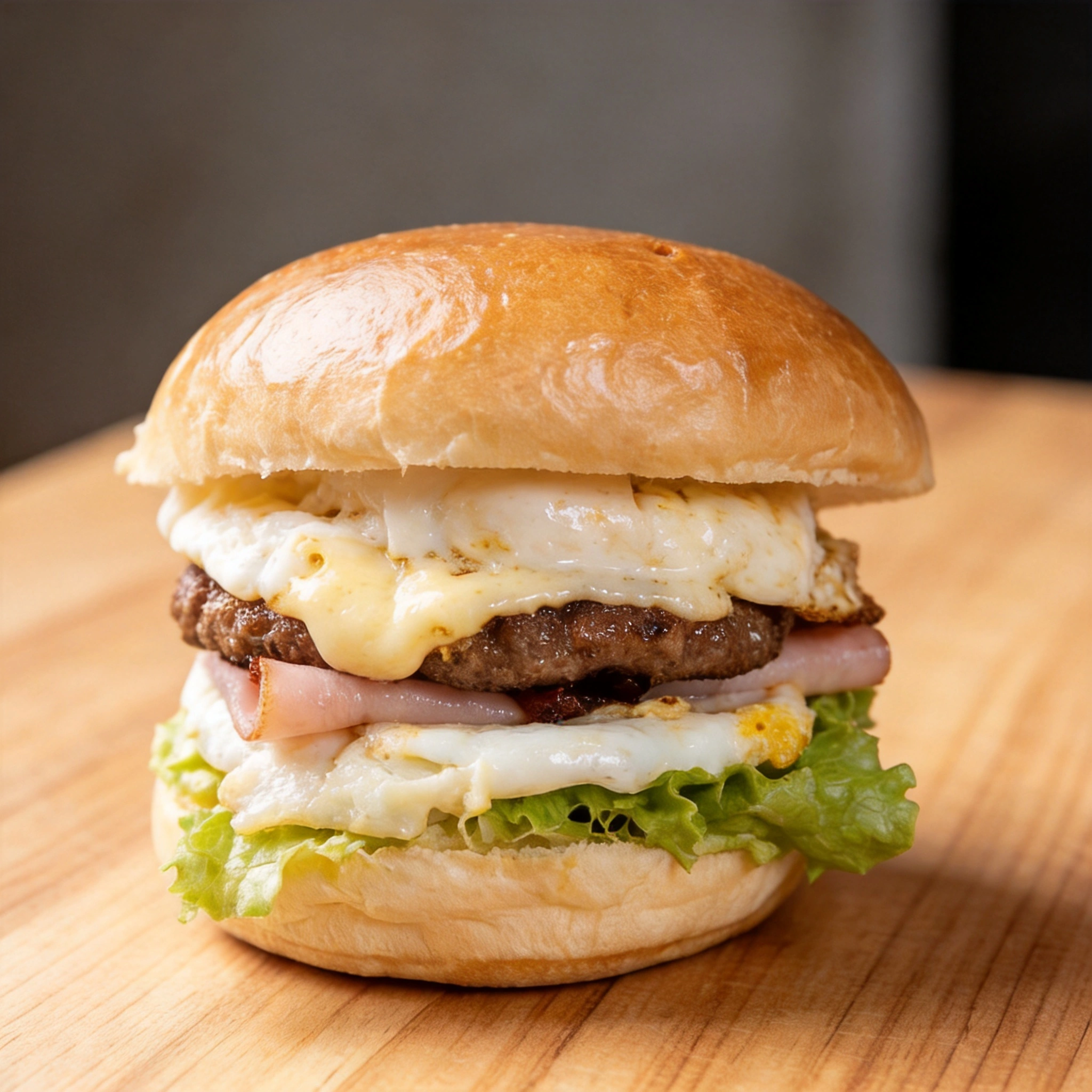 Pão de brioche, hamburguer tradicional, 2 ovos ,bacon, queijo prato, presunto, maionese, alface , tomate.