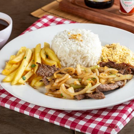 Arroz, feijão, Alcatra, fritas e farofa.