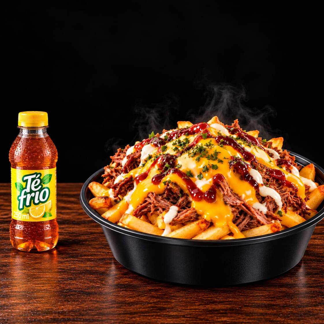 Entero Papas, Carne Desmechada, Cheddar y Bebida