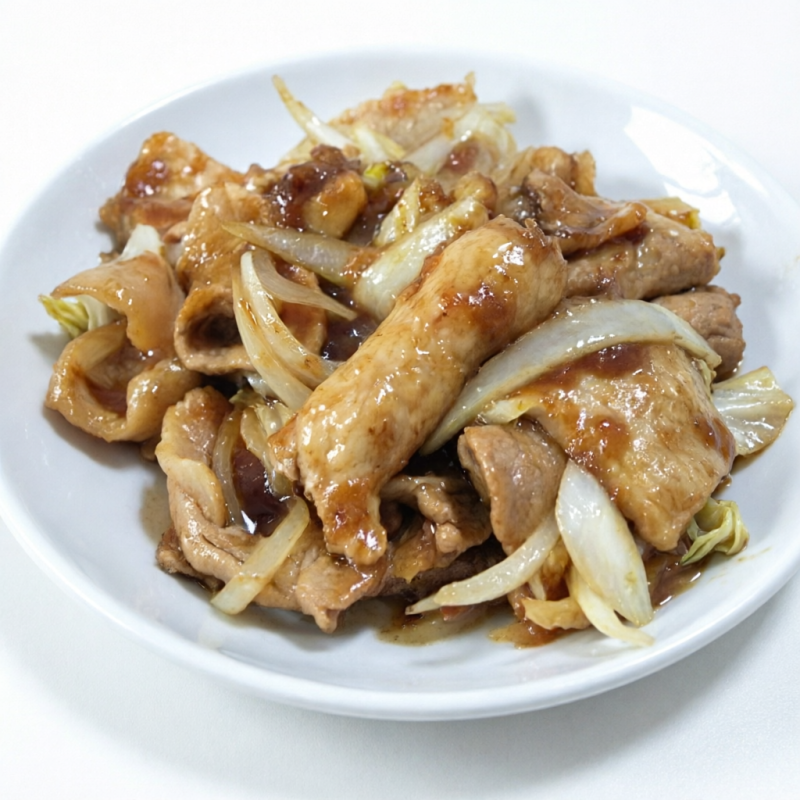 Repolho, sobrepaleta suina, cebola no molgo shoyu com gengibre e especiarias