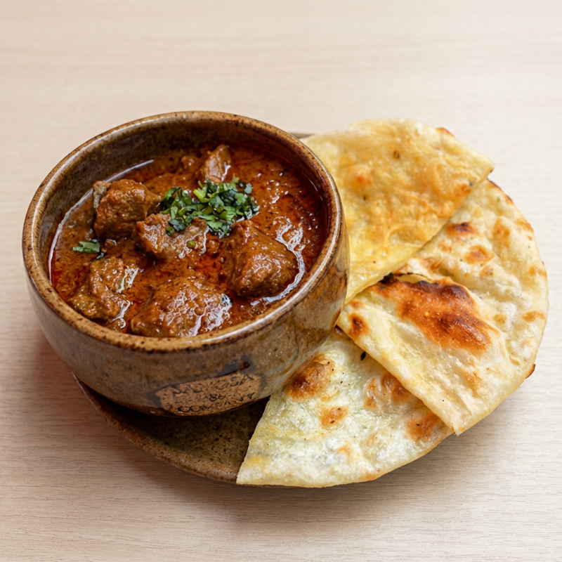 É um prato bem aromático feito com cabrito e de origem persa (iran), atualmente é uma das receitas de assinatura da cozinha régio kashmir (caxemira). é composto por pedaços de cabrito cozidos com um molho baseado em cebola ou cebolinha, iogurte, alho, gengibre, especiarias aromáticas secas (cravo, folhas de louro, cardamomo e canela) e pimenta caxemira, preparados em ghee na temperatura máxima. “roghan” significa manteiga clarificada, em persa, enquanto ‘‘josh’’ significa quente ou apaixonado. s