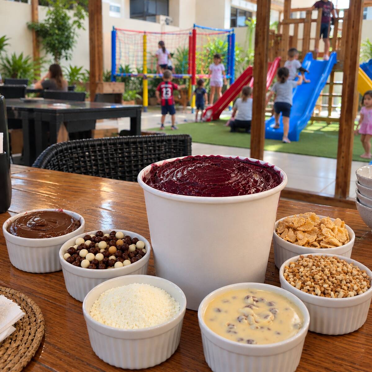 Perfeito para compartilhar com quem você ama! 💜
Um delicioso pote de 1,8 litro de açaí, ideal para 3 a 5 pessoas, acompanhado de 5 adicionais à sua escolha, já inclusos no combo.
Muito açaí, muitos acompanhamentos e sabor para toda a família! 😋