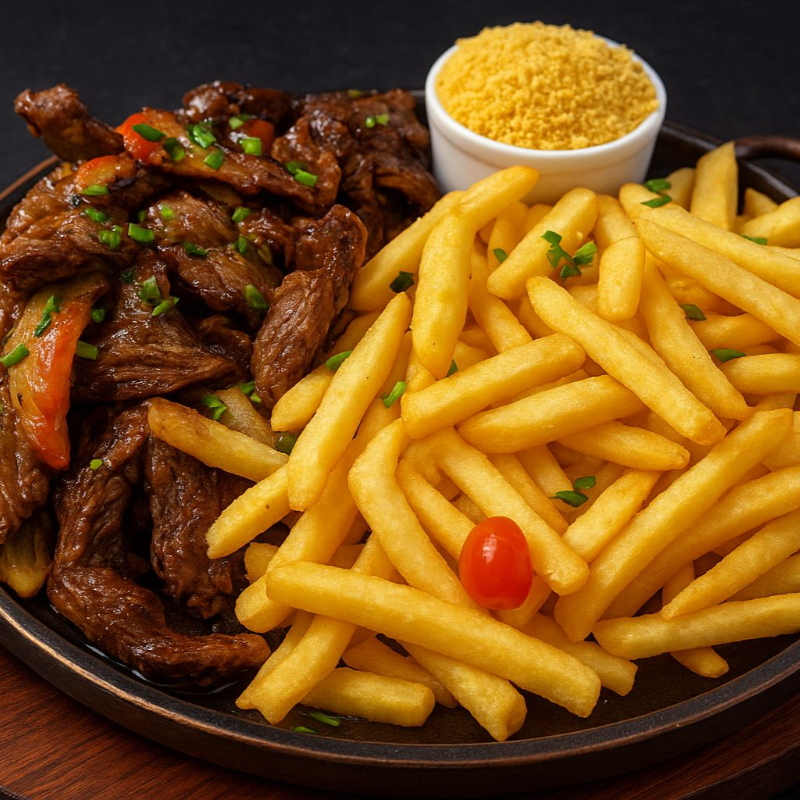 400 gr de contra file 400 gr de batata vinagrete e farofa