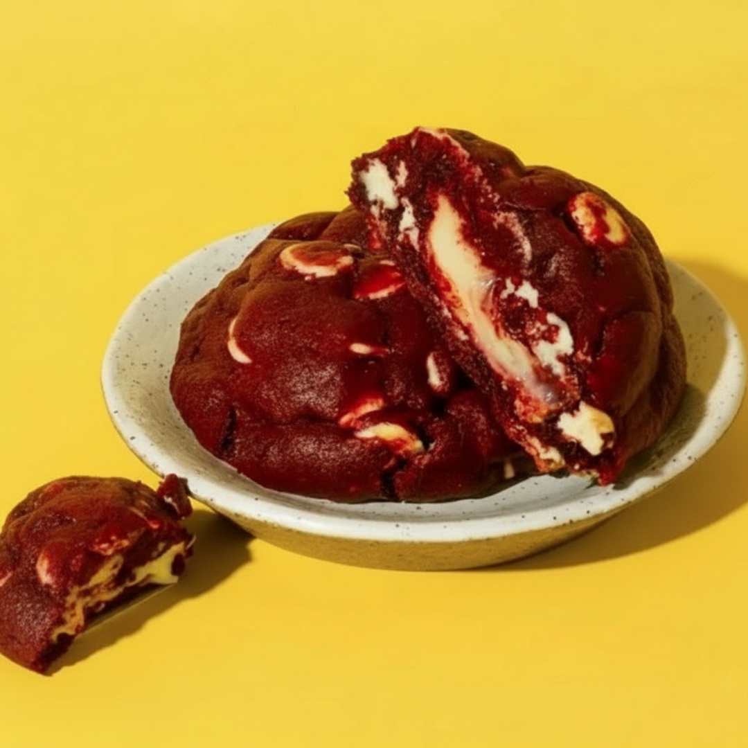 Massa avermelhda, com pedaços de chocolate branco com um delicioso recheio de brigadeiro de cream cheese e uma geleia artesanal de frutas vermelhas