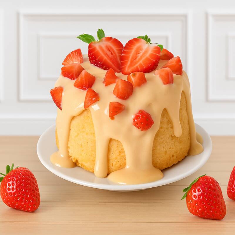 Delicioso bolo de baunilha fofinho, recheada com geleia artesanal de morango . Cobertura super cremosa de brigadeiro de leite Ninho e morangos fresquinhos delicadamente picados. Uma sobremesa irresistível, que transborda sabor, frescor e cremosidade a cada colherada! Tamanho:12cm Rende:4 porções