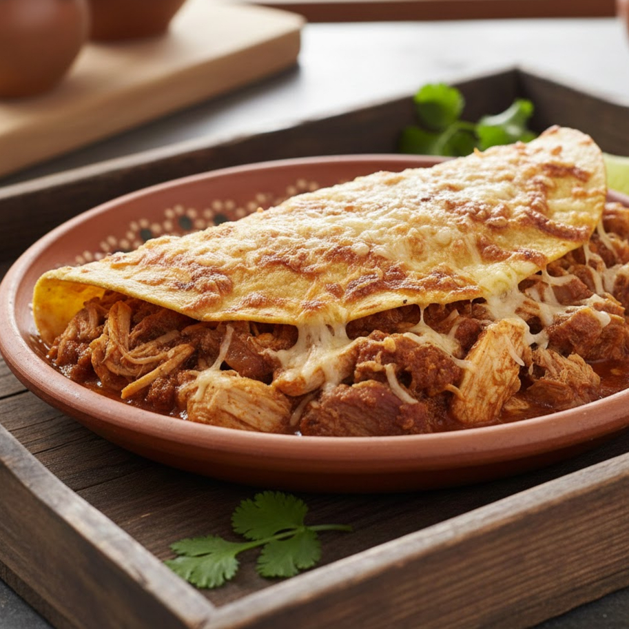 Tortilha de trigo rechada com chilli ou carne ou frango, coberto com molho de tomate e parmesão