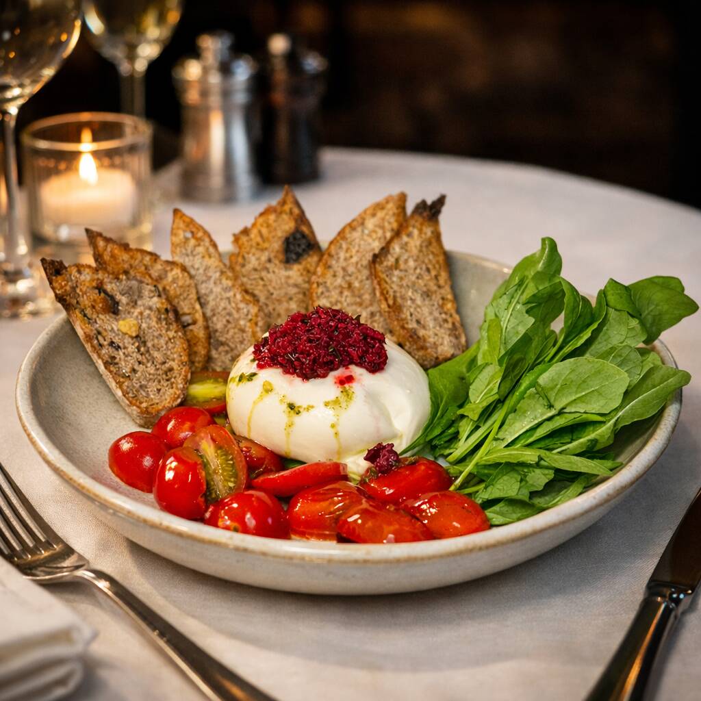 Tenra mussarela de búfala com tomates confitados, tapenade de azeitonas e finalização com mini rúcula e azeite de manjericão. Acompanha deliciosas fatias de pães de fermentação natural.