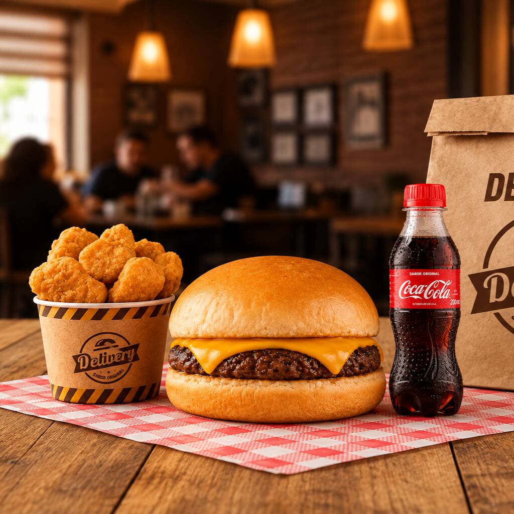 X-Burguer, Nuggets P, Coca Cola 200ml