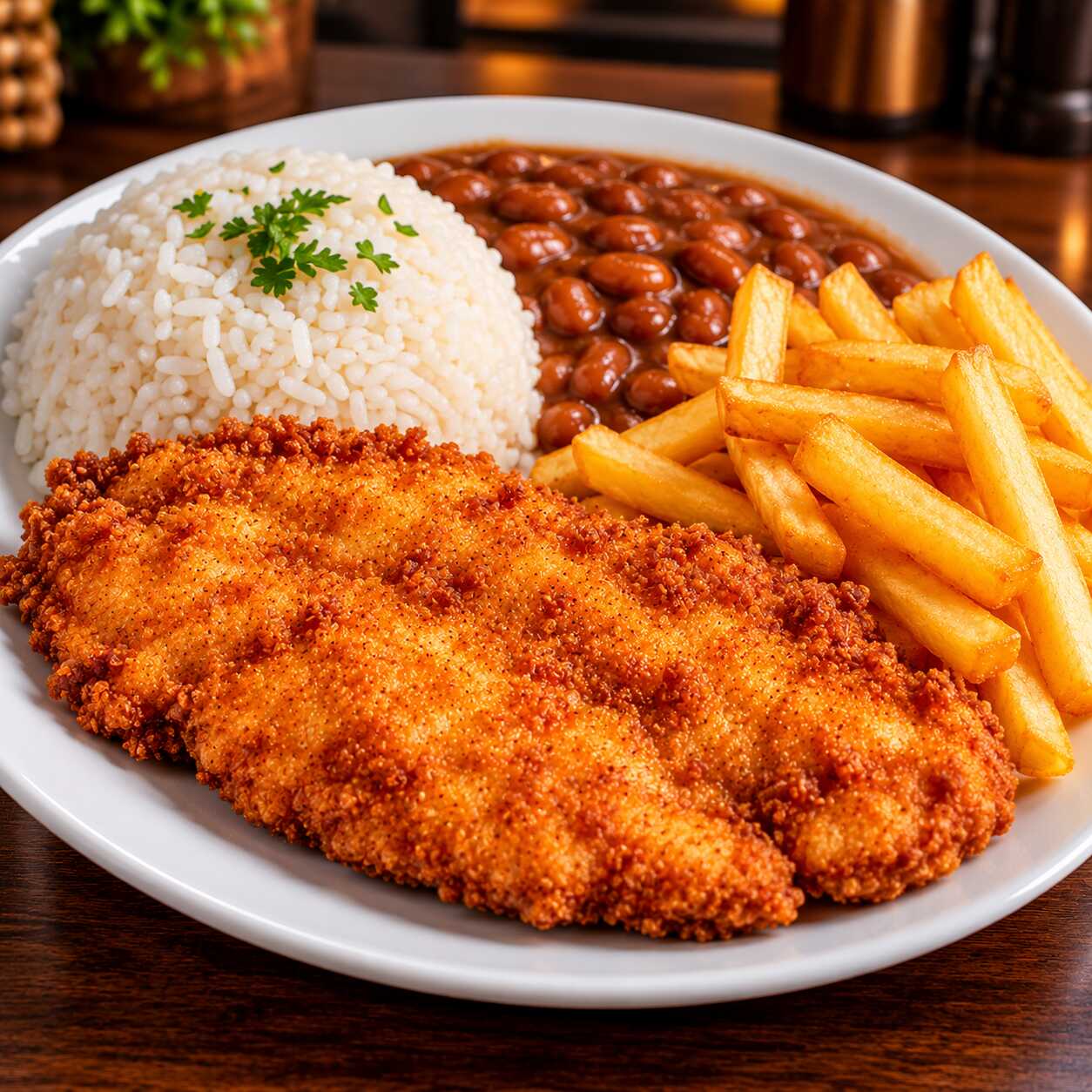 Filé de Frango empanado e douradinho. Acompanha arroz branco soltinho e batata frita. Uma refeição completa, bem servida e cheia de sabor!