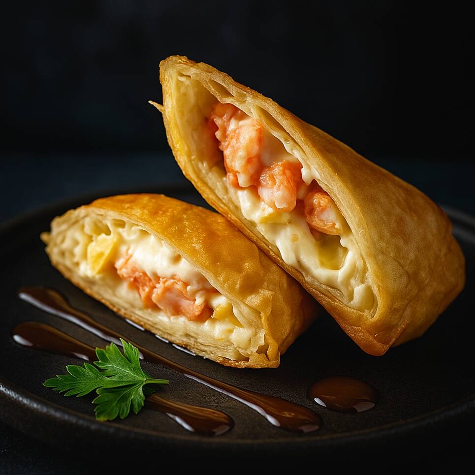Massa super crocante oriental recheada de camarão grelhado no azeite e creem chesse.