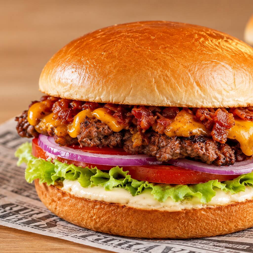 2 burgers smash com 50gr cada, queijo cheddar, ovo, alface, tomate, cebola roxa, maionese da casa, pão de smash.