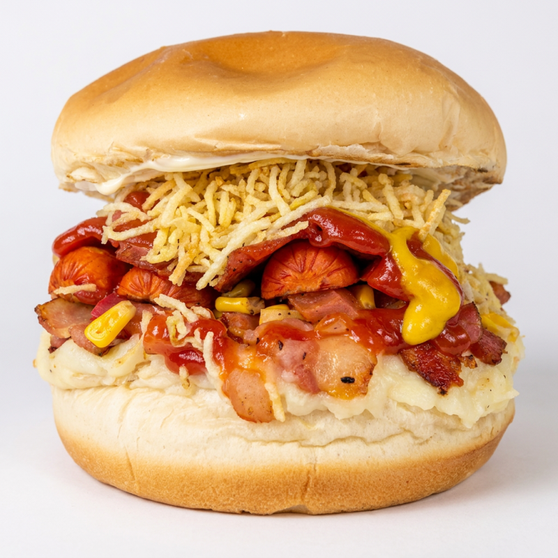 Hamburger 90g, presunto, mussarela, calabresa, alface, tomate e maionese
