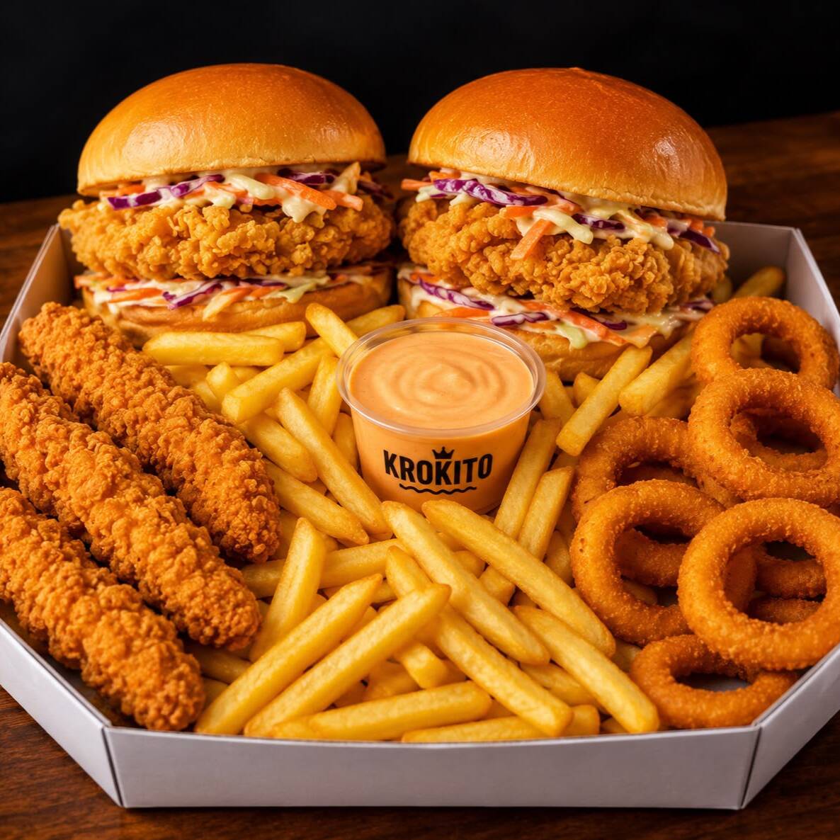 Combo serve 2 a 3 pessoas
👉🏻 2 Chicken Burger a sua escolha!
* Tirinhas de Frango Crocante Empanadas
* Batata frita
* Aneis de Cebola
* Pote de Molho especial
Combo fechado – não retiramos nem substituímos itens.