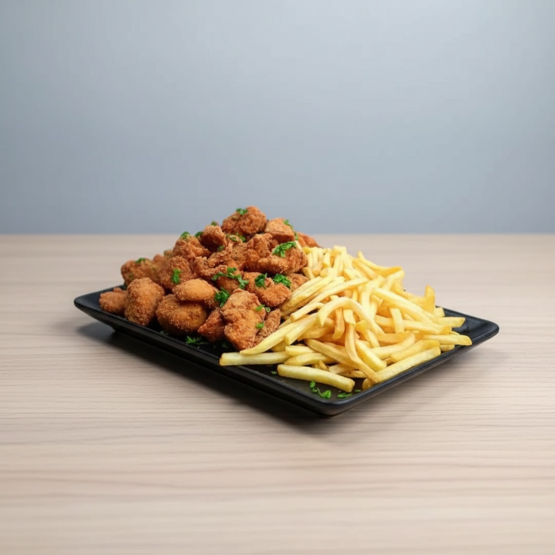 400g filé de frango e 400g fritas.