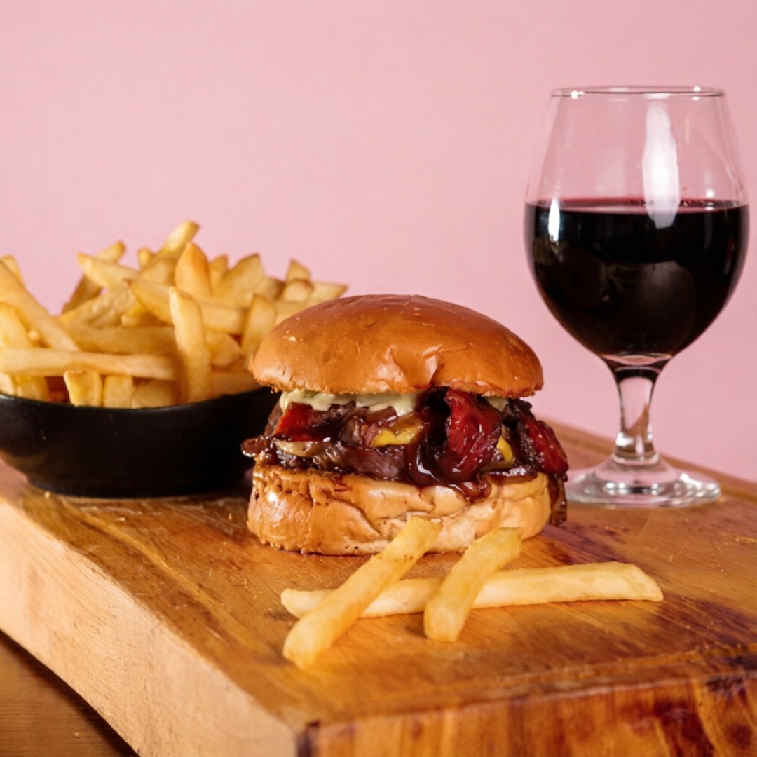 Burguer bovino de aproximadamente 150g, blend da casa, queijo prato ou mussarela, bacon, cebola caramelizada, molho de ervas no pão australiano ou batata. + porção de batata + refri lata.
(por favor escolher um refri descrito em nossa plataforma).