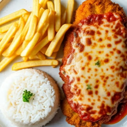 Parmegiana de frango com muito molho e queijo derretido, acompanha arroz, feijão e fritas, e um refri 200 ml