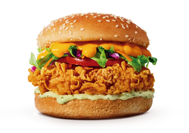 Filé de peito de frango crocante 70g, salada, tomate, queijo cheddar cremoso e maionese temperada.