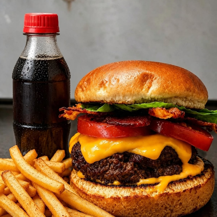 Pão Brioche, 130g Hamburguer Artesanal, Queijo, Molho da Casa + Alaface + Tomate + Batata Frita + 1 Refrigerante 200ml.