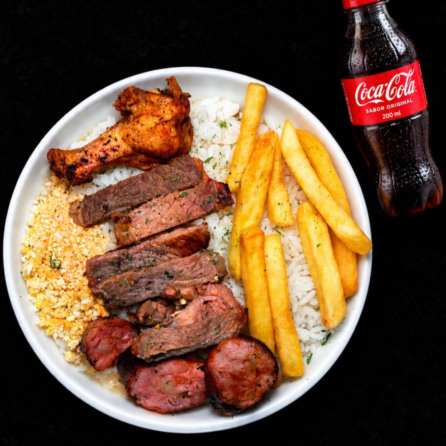 churrasco fresquinho completo com carne linguiça e frango com arroz de vovo e batata frita e feijao 500 gr