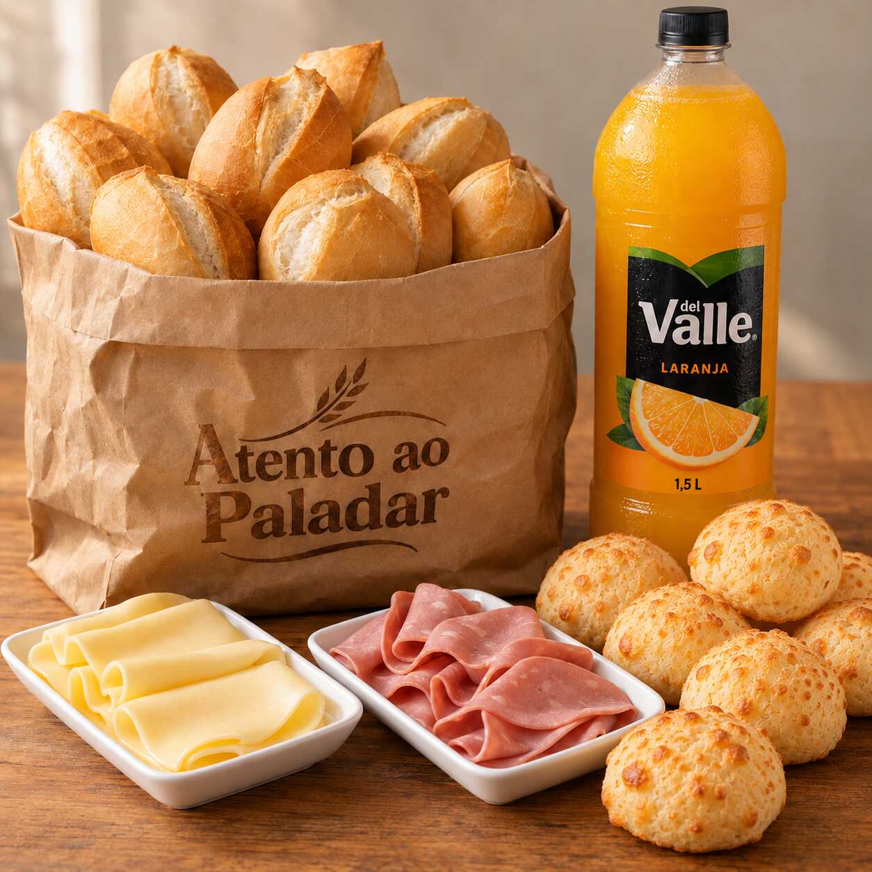 🥖 10 Pães Franceses
🧀 100g de Mussarela
🥓 100g de Mortadela Ouro
🧀 200g Pães de Queijo Tradicionais
🍊 1 Del Valle 1,5L — cliente escolhe Uva ou Laranja