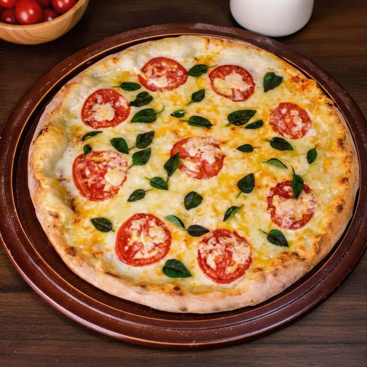 A rainha das pizzas! A simplicidade perfeita do nosso molho de tomate, mussarela de alta qualidade, rodelas de tomate e folhas de manjericão fresco. Leve, aromática e deliciosa.