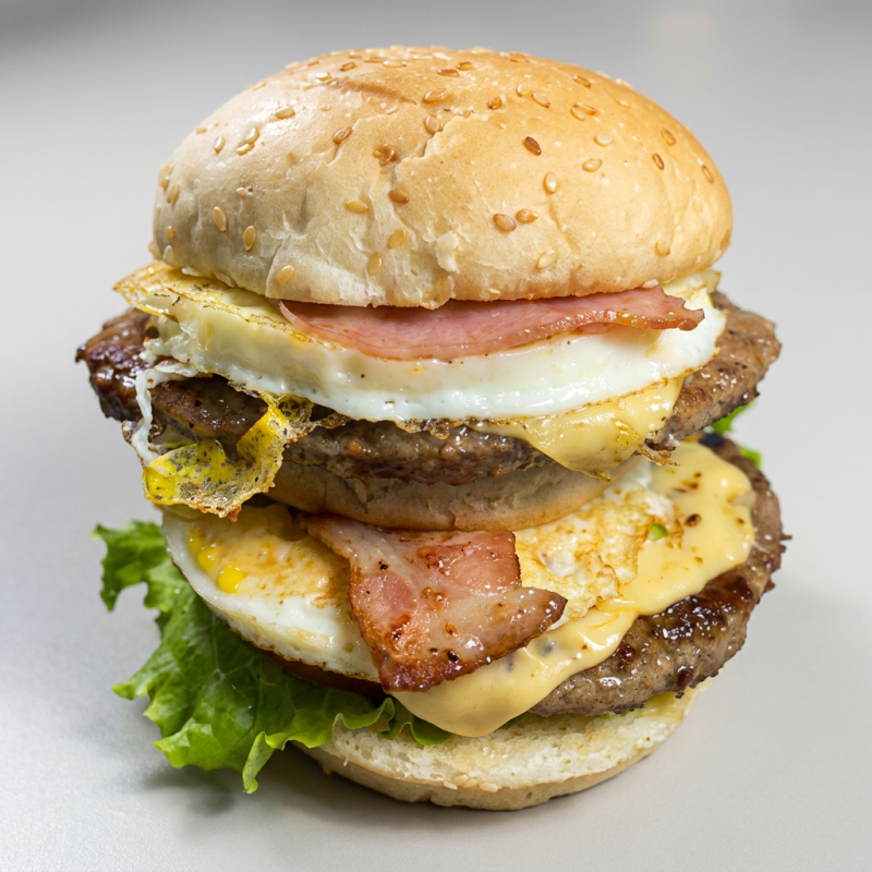 X-Duplo De Picanha pão Duplo, 2 carne 120g, 2 ovo, 2 queijo, 1 presunto, bacon, milho, ervilha, batata palha e salada. Lanche leva na sua preparação Molho Billy Jack, Maionese E Catchup.