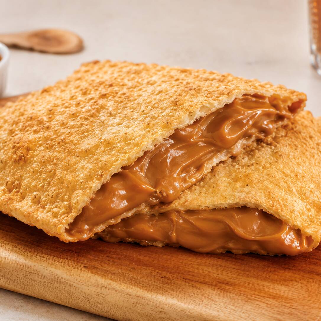 Pastel doce de 21 cm com doce de leite cremoso dentro de uma massa crocante e feita na hora. Uma sobremesa simples, gostosa e perfeita para fechar o pedido com aquele sabor caseiro.