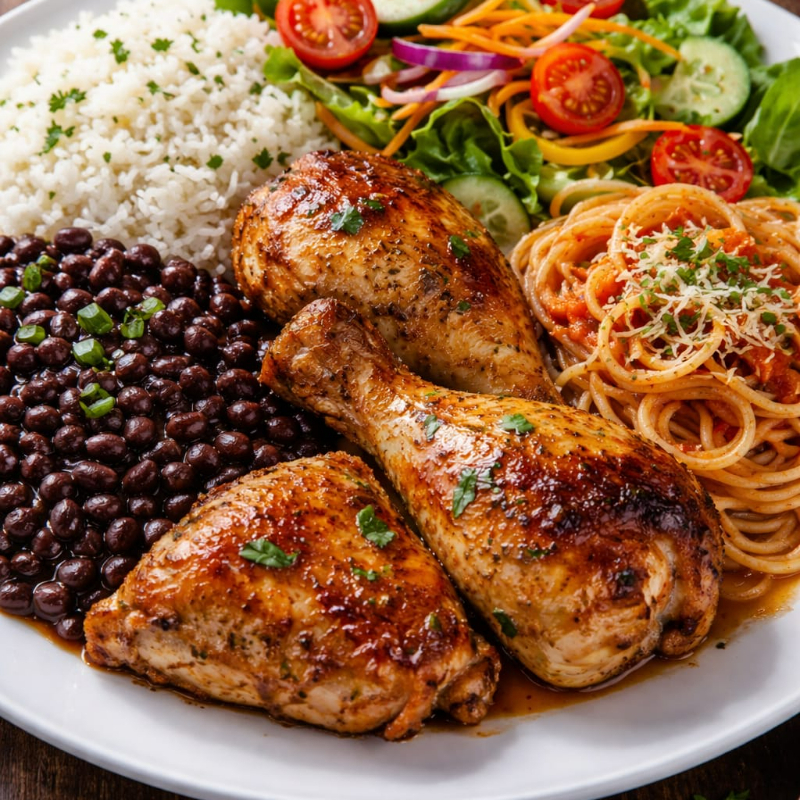 Acompanhamentos:Arroz,macarrao,feijao,batatatinha,farofa e salada mix