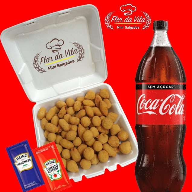 100 Mini Salgados Mistos(13grs) - 5 Sabores: Coxinha, pres./queijo, enroladinho de salsicha, requeijão e rissole de carne. Embalagem isopor. Acompanha Coca Cola Zero 2l e Molhos Heinz. Não podemos alterar os sabores deste item promocional.