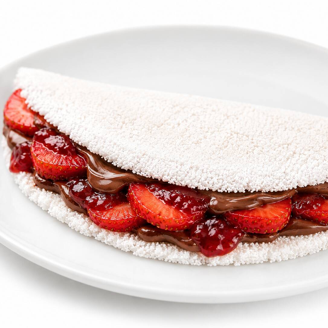 Deliciosa tapioca doce recheada com Nutella cremosa, geleia caseira de morango e morangos frescos, formando a combinação perfeita entre o sabor da fruta e o toque irresistível do chocolate