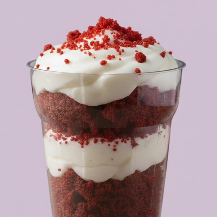 Camadas de massa vermelhinha aveludada com seu recheio, combinada com um creme suave de chantilly. Serve 1 pessoa (aprox. 300ml)