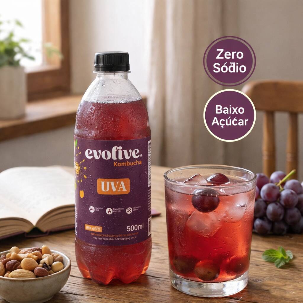 Kombucha Artesanal 500ml – Uva. Fermentada naturalmente, rica em probióticos e com leve gaseificação natural. Refrescante, sabor intensa de uva e perfeita para quem busca uma alternativa saudável ao refrigerante tradicional. Sem conservantes artificiais, feita com ingredientes selecionados. Experimente também outros sabores!