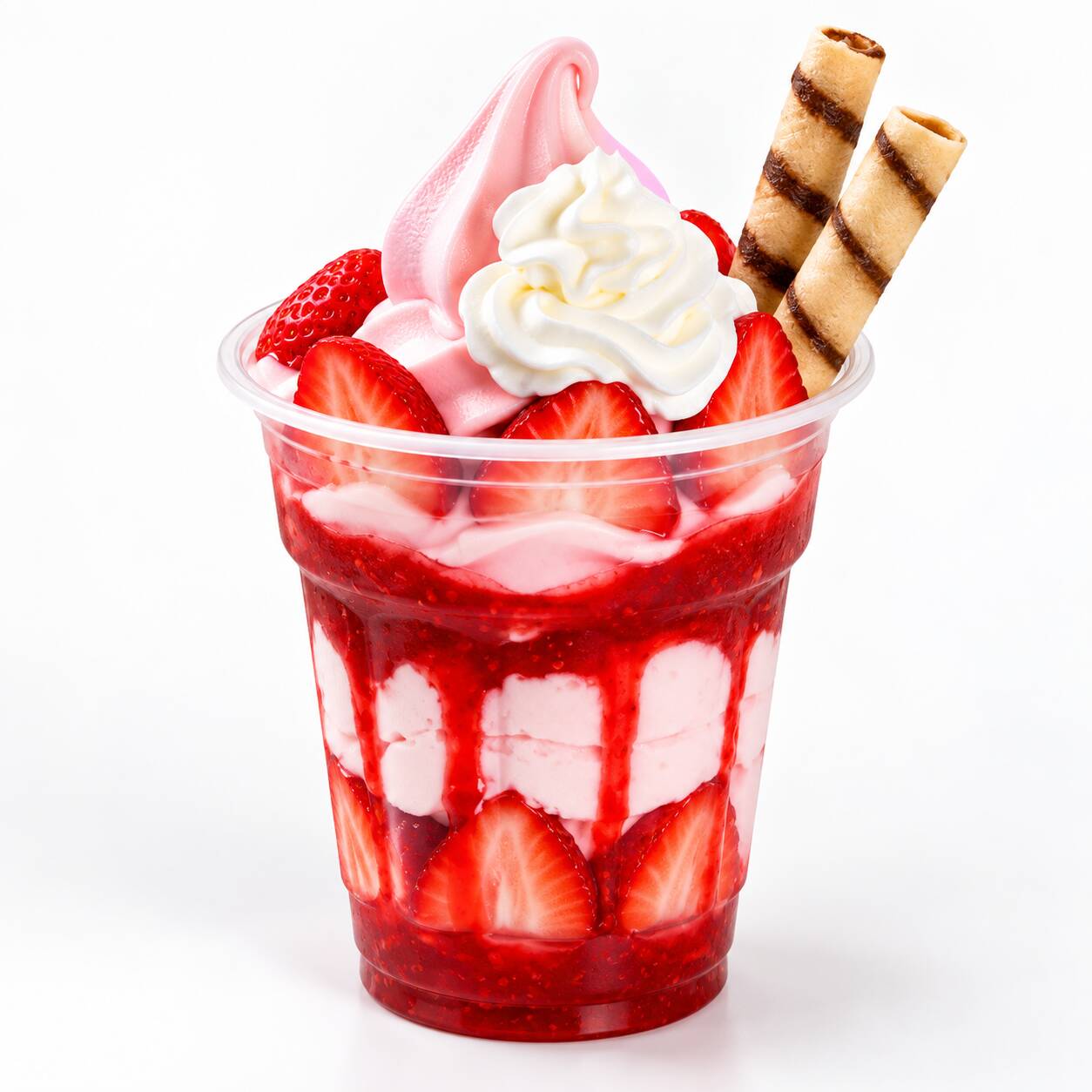 Delicioso sundae cremoso com com calda e frutas especialy