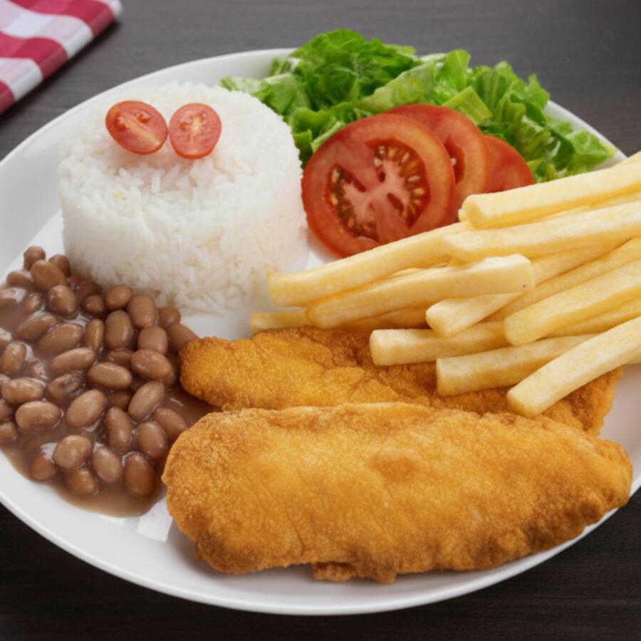 Frango empanado e crocante, acompanhado de arroz, fritas e salada.