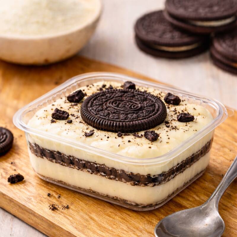 Camadas cremosas de recheio de ninho com camada deliciosas de biscoito Oreo