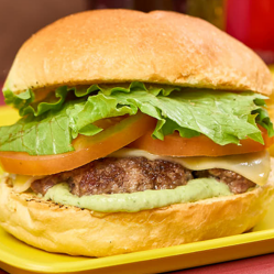 Pão de brioche, maionese verde, smash burguer, mussarela, alface, tomate e cebola.