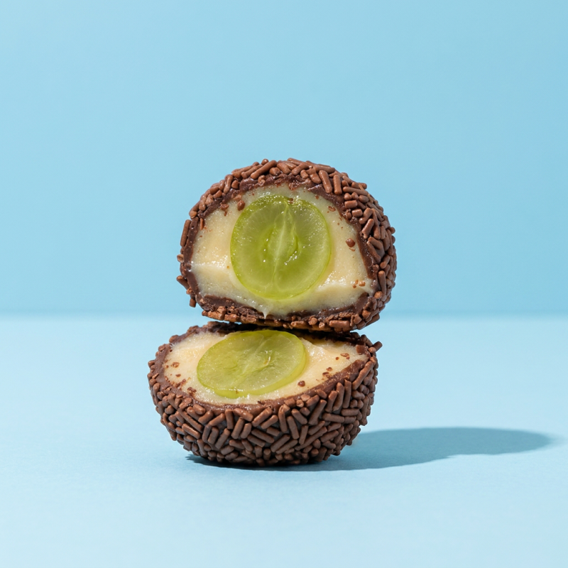 Duo de coxinhas de brigadeiro de Ninho com uva Thompson (cada coxinha pesa 60g).