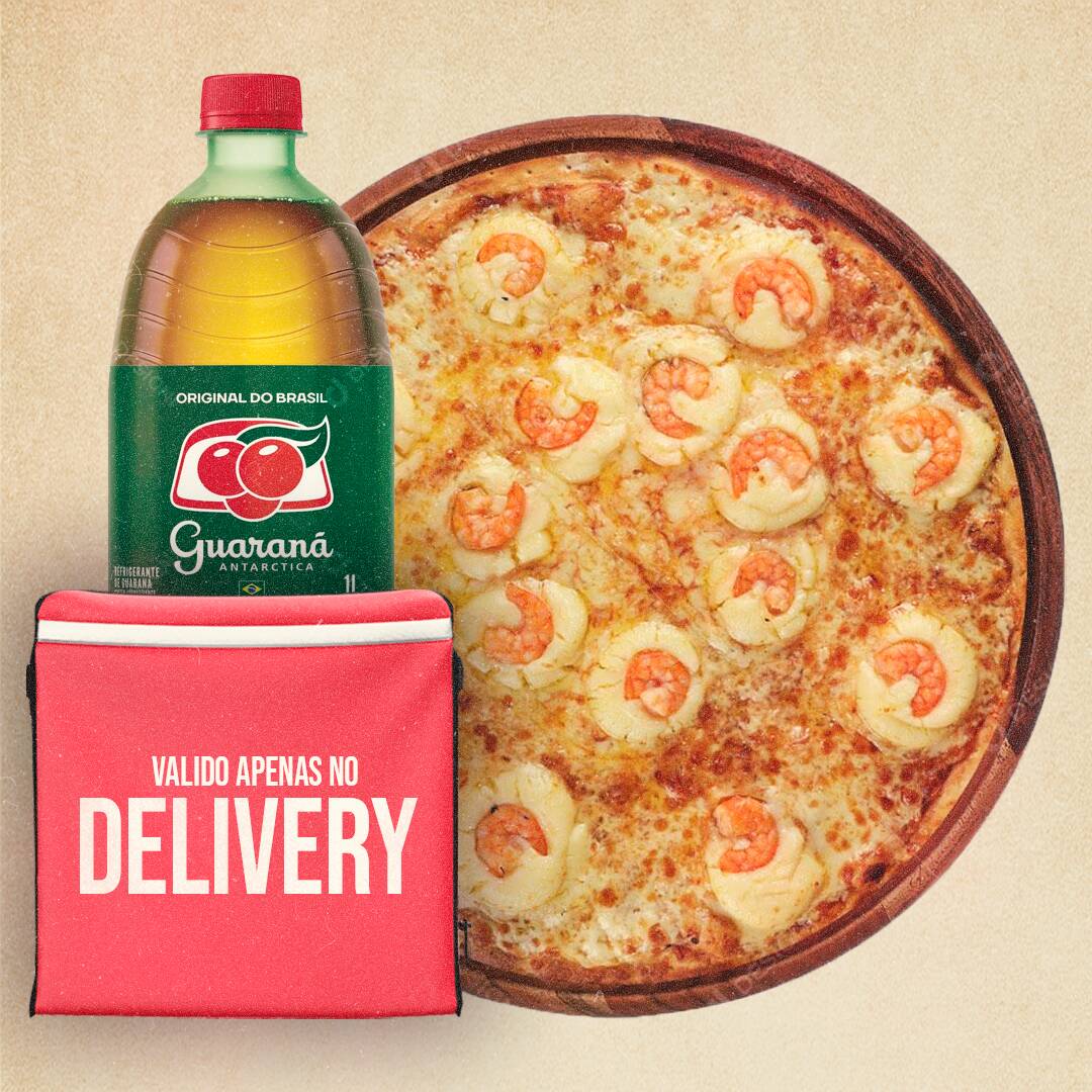 Pizza grande (35cm), 8 fatias generosas, massa no ponto e recheio caprichado. Acompanha 1 Guaraná 1l geladinho.