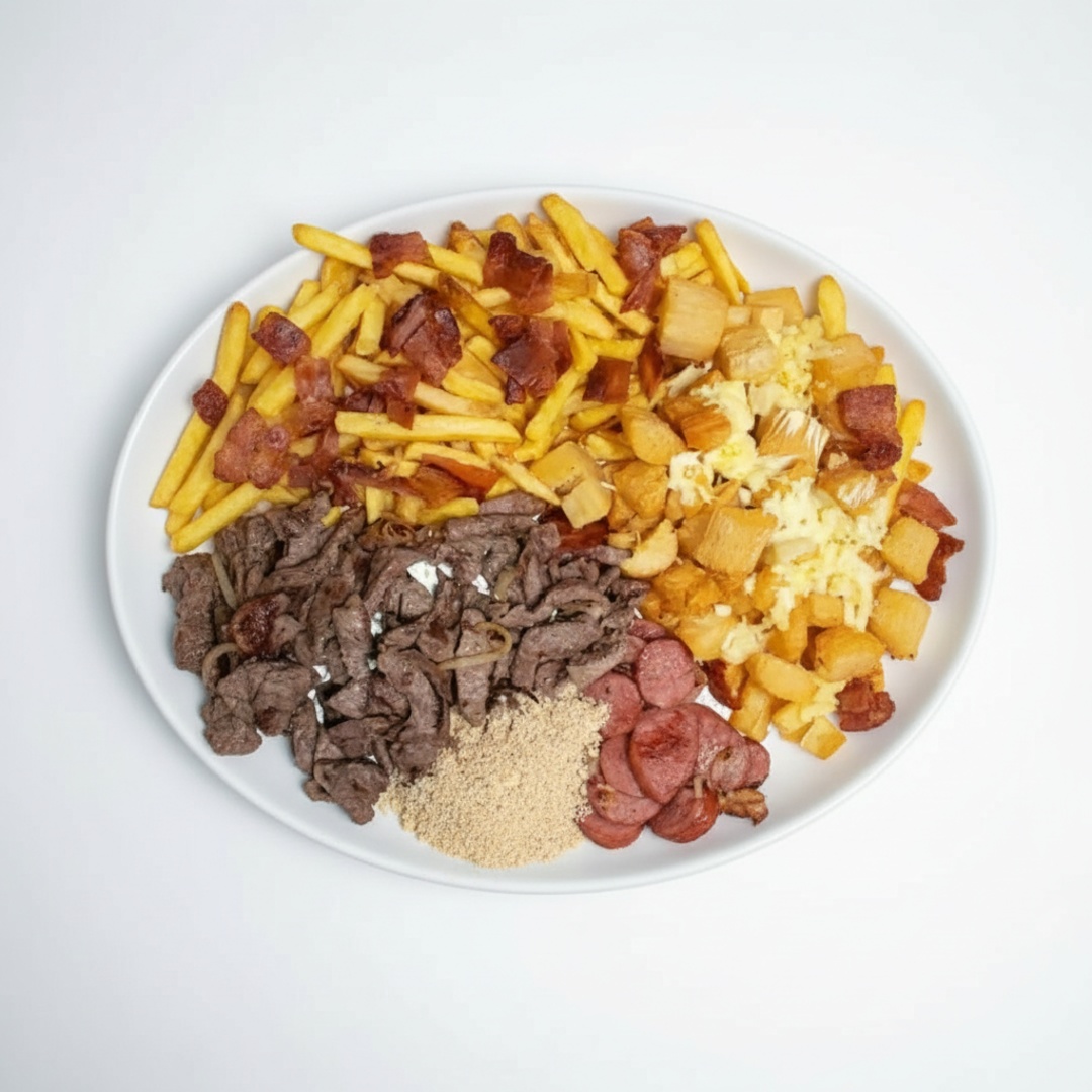 300g de alcatra acebolada, 150g de calabresa acebolada, 450g de mandioca Ou polenta com queijo, 350g de batata com bacon e cheddar e farofa temperada Peso antes de fritar!! Colocar em observação se quer mandioca ou polenta!