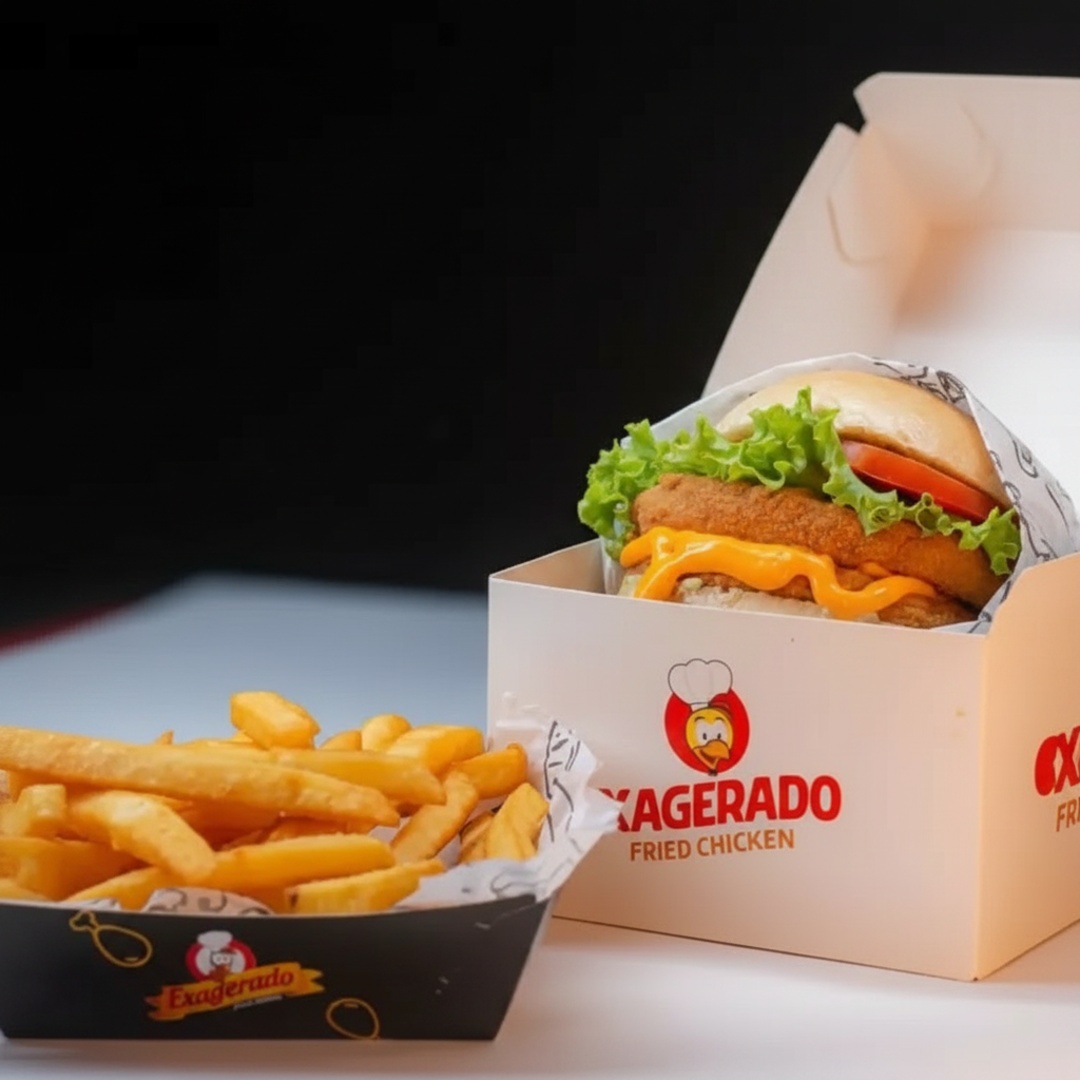 O 'Exagerado Double Chicken' é um sanduíche digno do seu nome, trazendo o sabor inconfundível de duas suculentas carnes de hambúrguer de frango. Acompanhado de frescas folhas de alface, fatias de tomate vibrantes e um generoso derramamento de cheddar derretido, que agrega um toque cremoso e irresistível. Acompanha também uma porção de crocantes batatas fritas para complementar a experiência. . Uma combinação que vai além da expectativa, preparada especialmente para os amantes de um bom lanche!