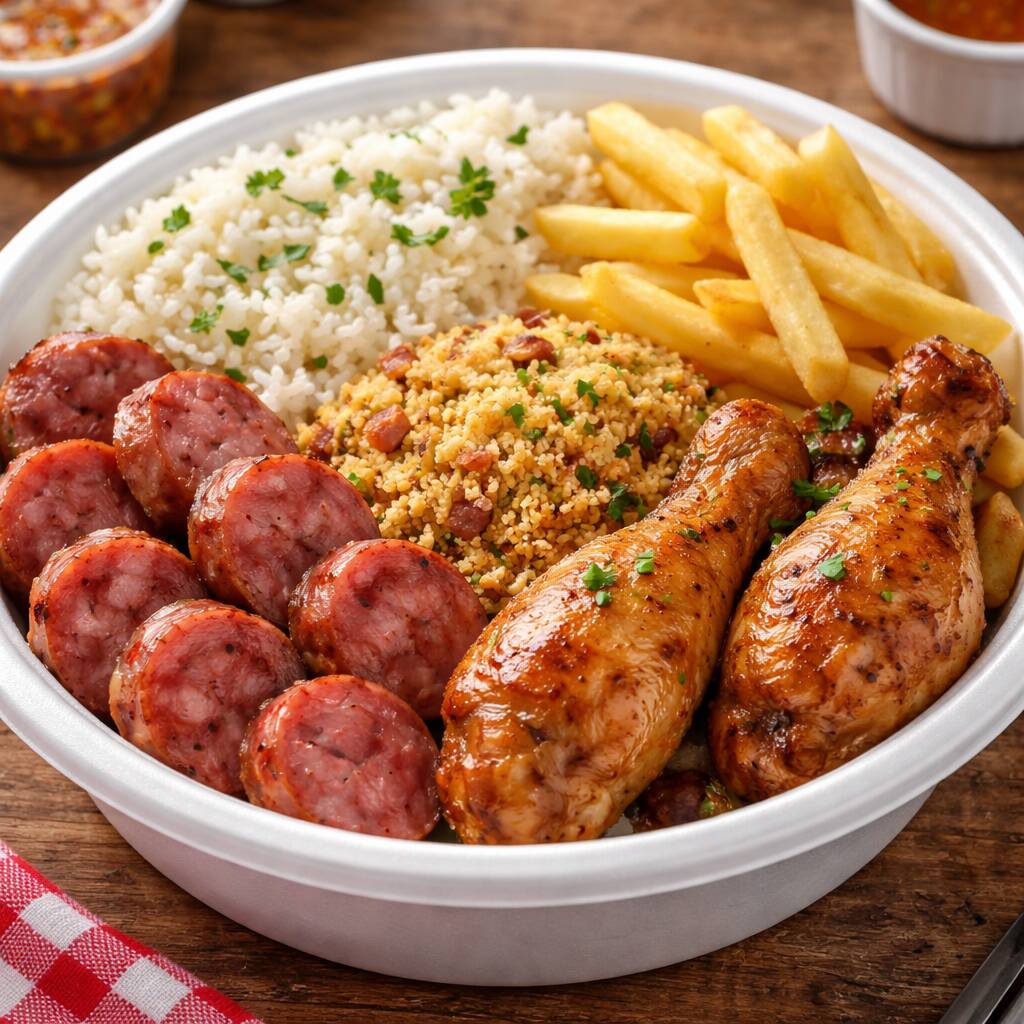 Arroz, farofa, vinagrete, linguiça suína, coxinha da asa e batata frita