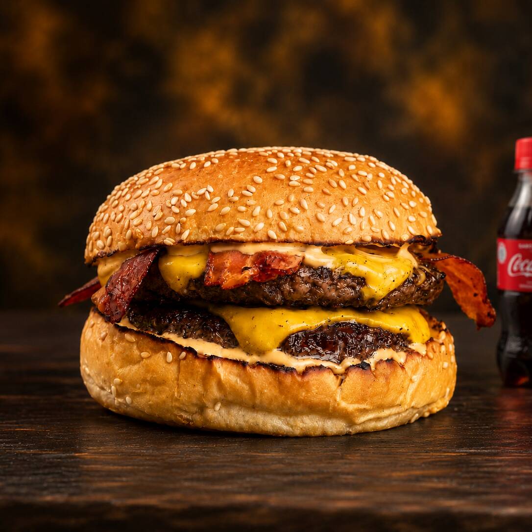 Hambúrguer imbatível com 2 suculentas carnes bovinas de 150g cada, servidas no pão brioche macio, muçarela derretida, geleia de abacaxi, molho especial da casa, alface e tomate, 4 fatias de bacon crocante, Catupiry e cheddar. Acompanha 1 Coca cola 200ml gelada!