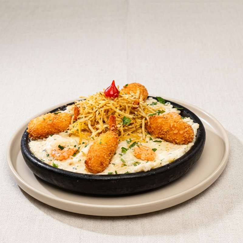 Arroz de camarão cremoso, finalizado com leite de coco, acompanhado por 4 croquetes de camarão recheados com requeijão e nossa batata palha artesanal. Uma combinação de texturas e sabores de dar água na boca!